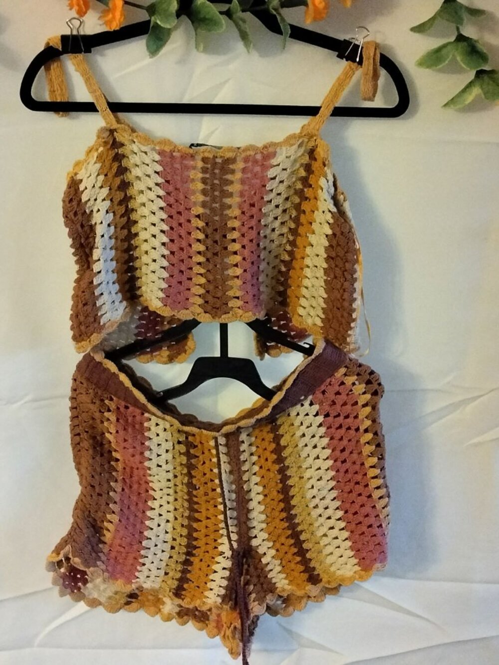 Zara Multicolor Crochet Striped Women’s Shorts Set - Yellow, Pink, Brown, Cream